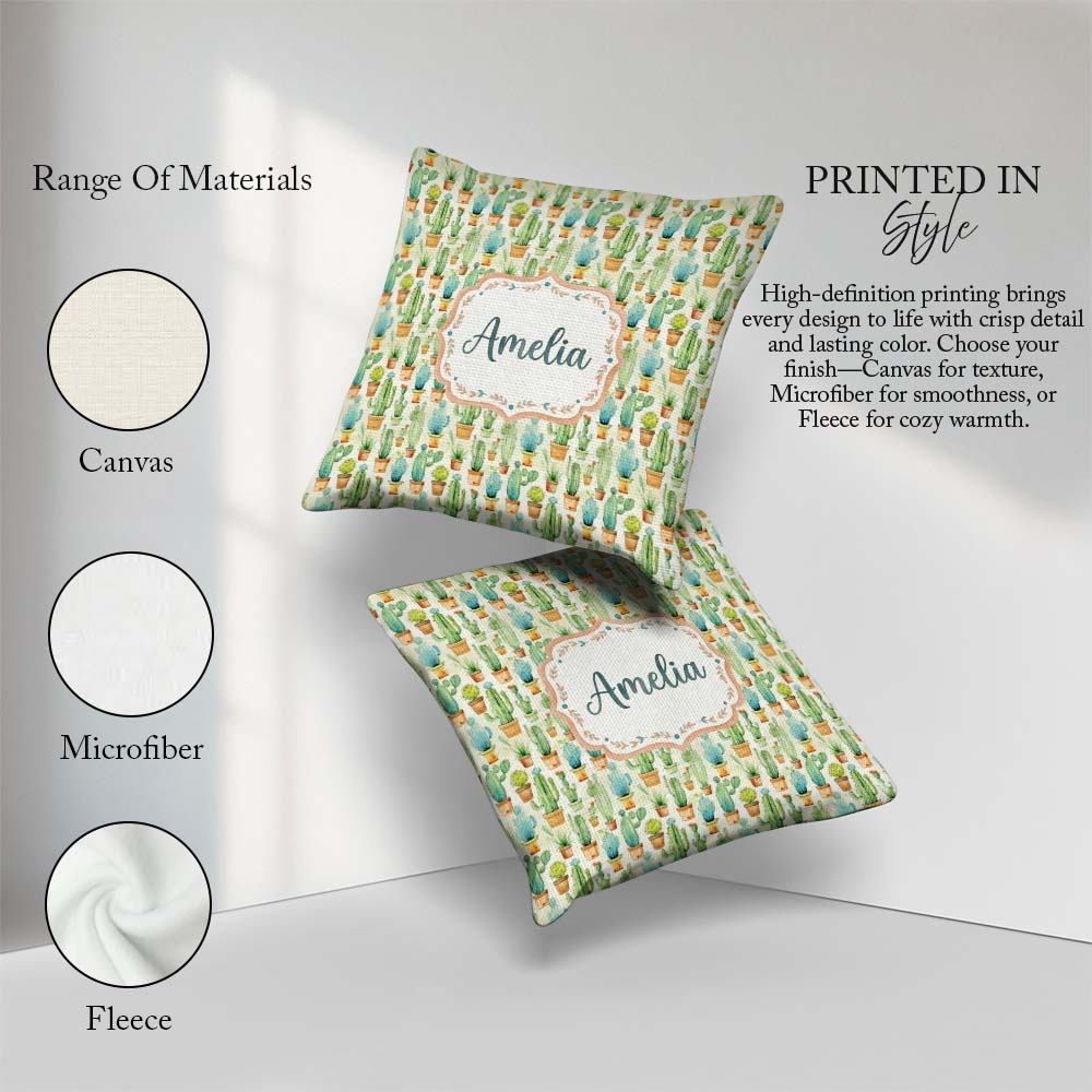 Custom Name Soft Potted Cactus Succulent Garden Seamless Pattern Square Filled Cushion Throw Pillow Sofa Bed Home Decor Zip Washable UK Made