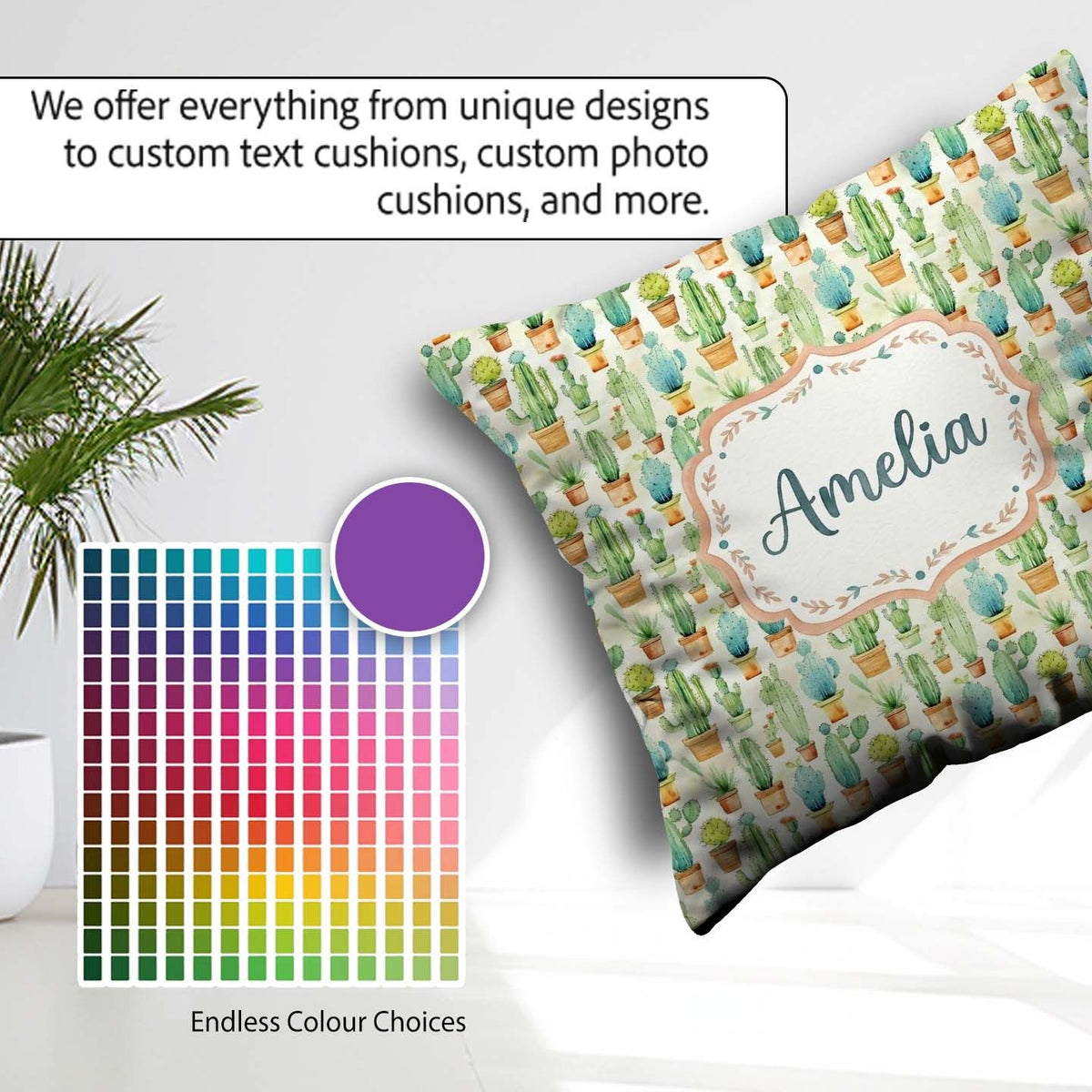Custom Name Soft Potted Cactus Succulent Garden Seamless Pattern Square Filled Cushion Throw Pillow Sofa Bed Home Decor Zip Washable UK Made