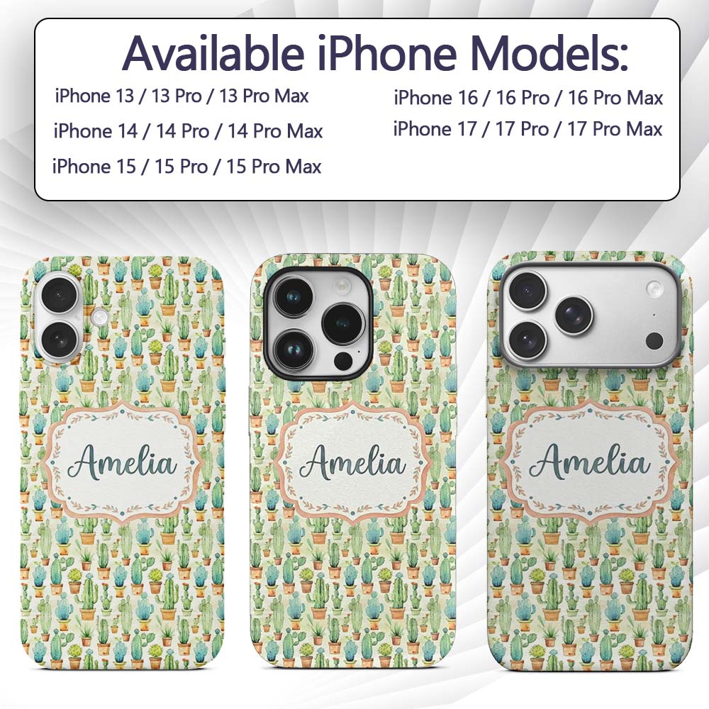 Soft Watercolor Potted Cactus Succulent Garden Custom Name Protective Phone Case Mobile Cover Durable Everyday Smartphone Shock Resistant