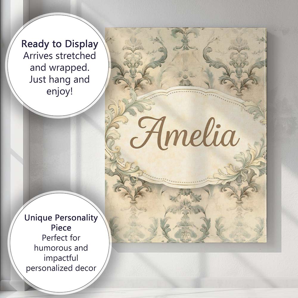 Personalised Name Antique Beige Floral Damask Seamless Pattern Custom Modern Room Accent Canvas Wall Art Print Decor Picture Ready to Hang