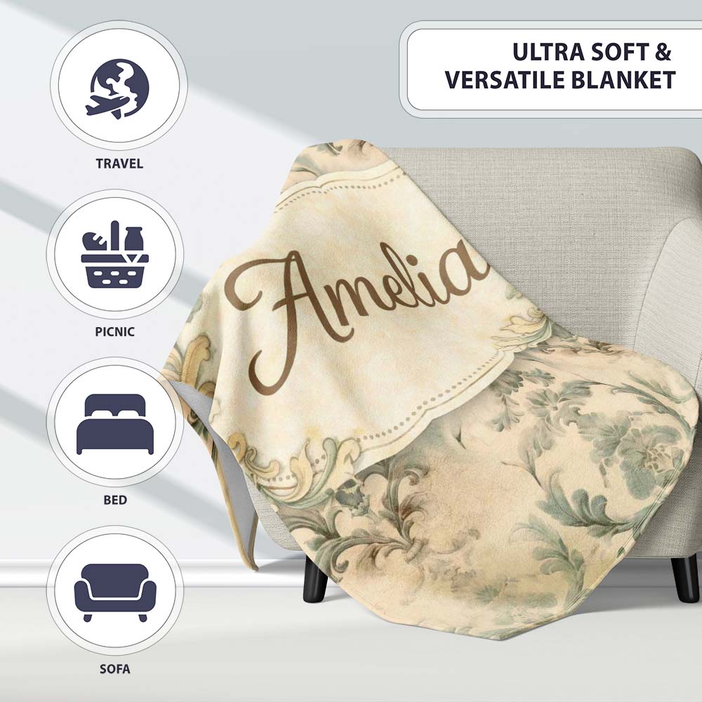 Antique Beige Floral Damask Seamless Pattern Vintage Classic Lovely Personalised Custom Name Super Soft Fleece Blanket Bed Sofa Throw