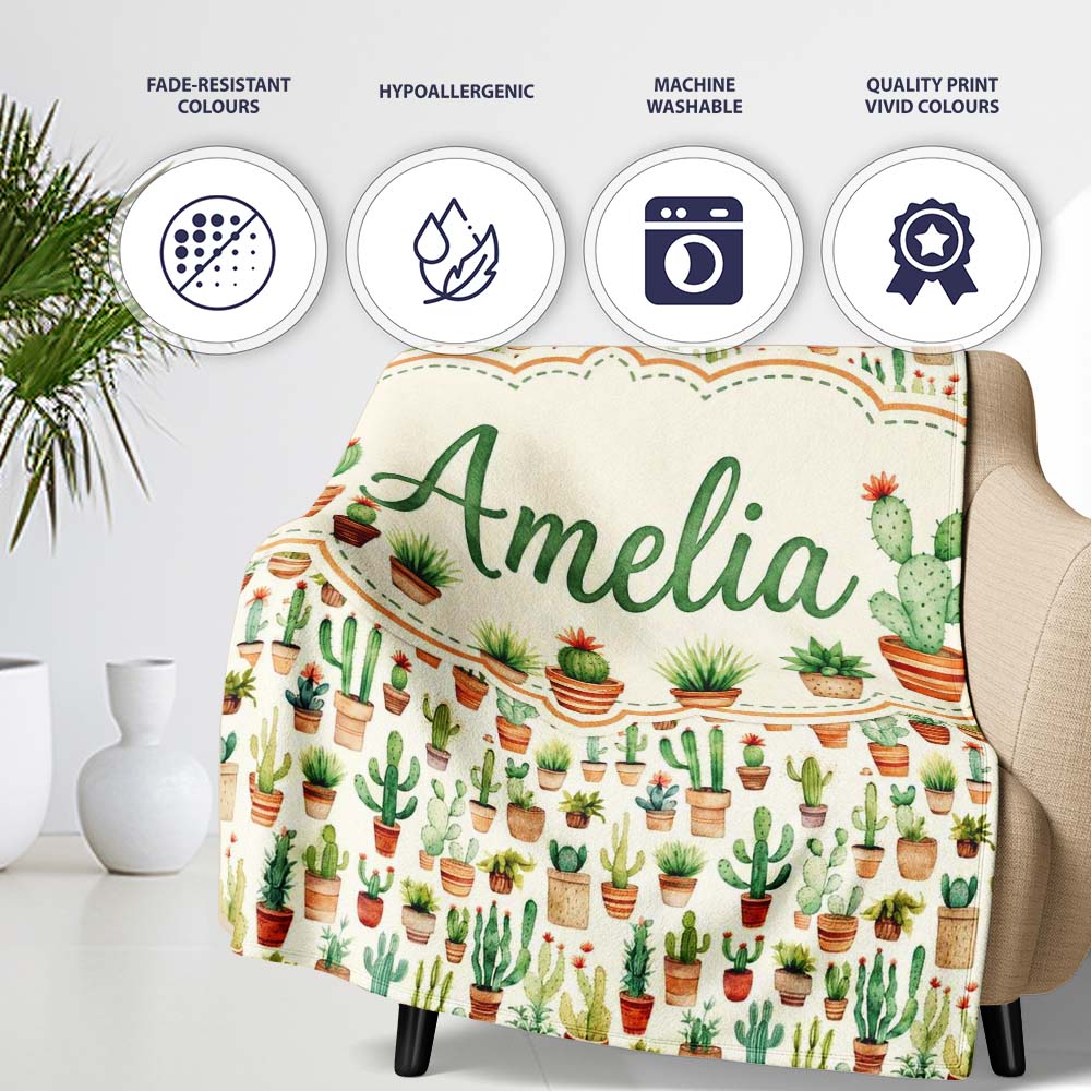Rustic Desert Potted Cactus Succulent Collection Seamless Pattern Personalised Custom Name Super Soft Fleece Blanket Bed Sofa Throw