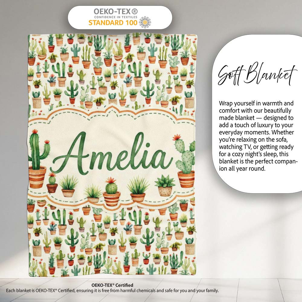 Rustic Desert Potted Cactus Succulent Collection Seamless Pattern Personalised Custom Name Super Soft Fleece Blanket Bed Sofa Throw