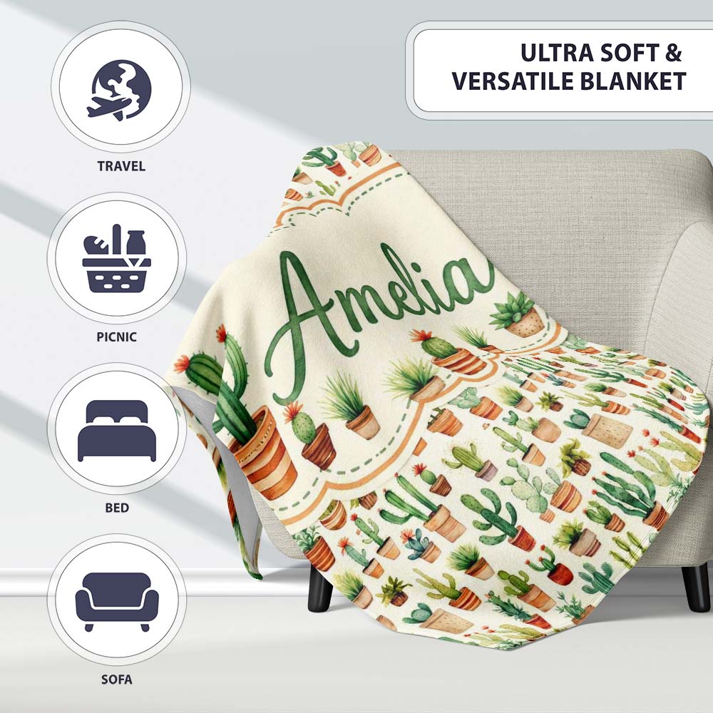 Rustic Desert Potted Cactus Succulent Collection Seamless Pattern Personalised Custom Name Super Soft Fleece Blanket Bed Sofa Throw