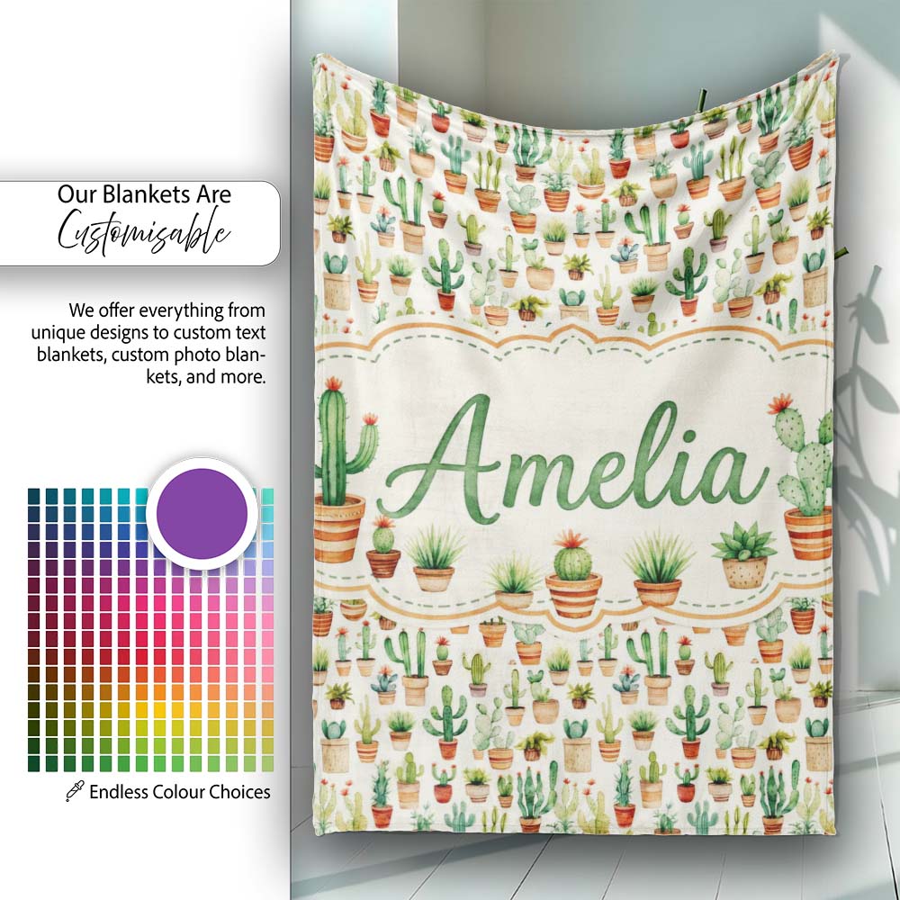 Rustic Desert Potted Cactus Succulent Collection Seamless Pattern Personalised Custom Name Super Soft Fleece Blanket Bed Sofa Throw