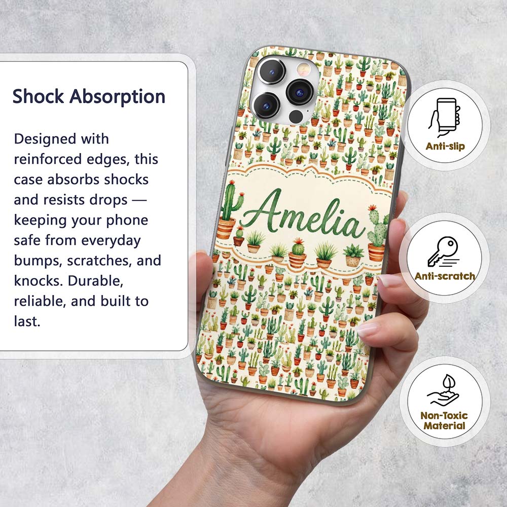 Rustic Desert Potted Cactus Succulent Collection Custom Name Protective Phone Case Mobile Cover Durable Everyday Smartphone Shock Resistant