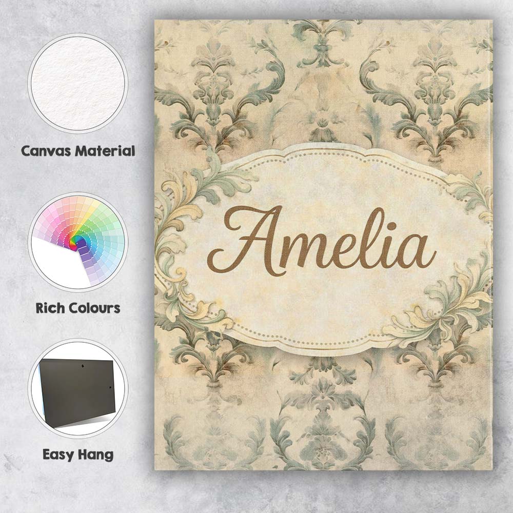 Personalised Name Antique Beige Floral Damask Seamless Pattern Custom Modern Room Accent Canvas Wall Art Print Decor Picture Ready to Hang