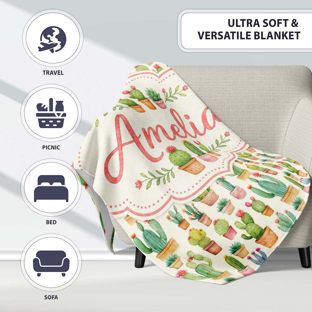 Charming Pastel Potted Cactus Succulent Garden Seamless Pattern Personalised Custom Name Super Soft Fleece Blanket Bed Sofa Throw