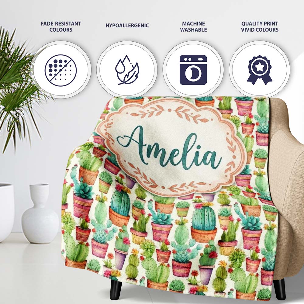 Delicate Watercolor Cactus Succulent Garden Pastel Seamless Pattern Personalised Custom Name Super Soft Fleece Blanket Bed Sofa Throw