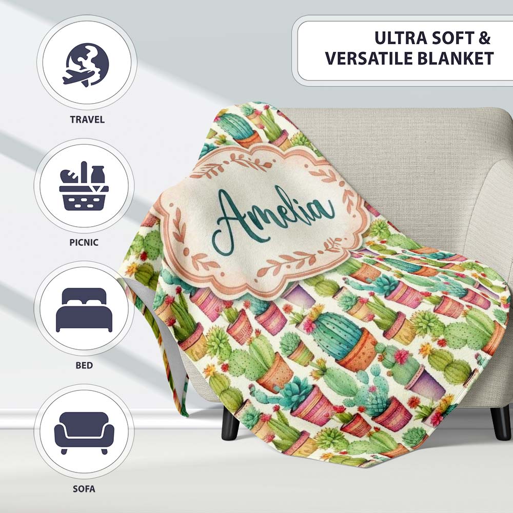 Delicate Watercolor Cactus Succulent Garden Pastel Seamless Pattern Personalised Custom Name Super Soft Fleece Blanket Bed Sofa Throw