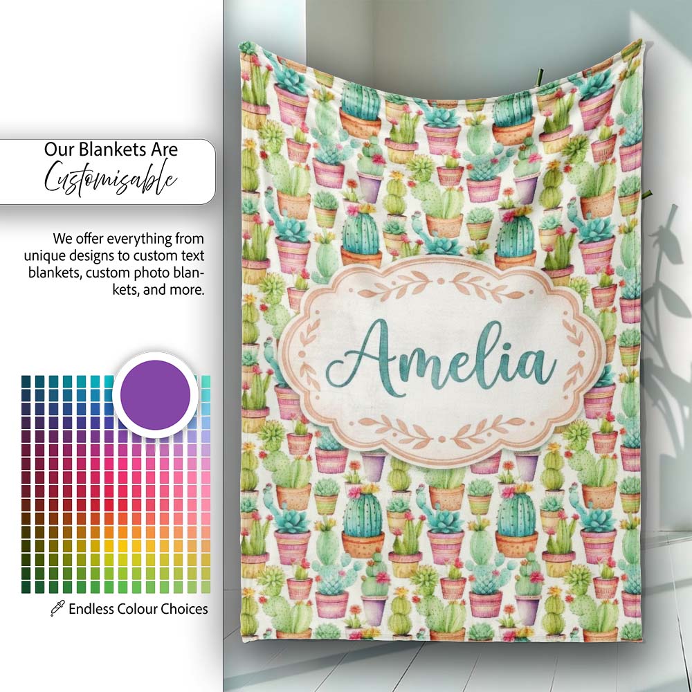 Delicate Watercolor Cactus Succulent Garden Pastel Seamless Pattern Personalised Custom Name Super Soft Fleece Blanket Bed Sofa Throw