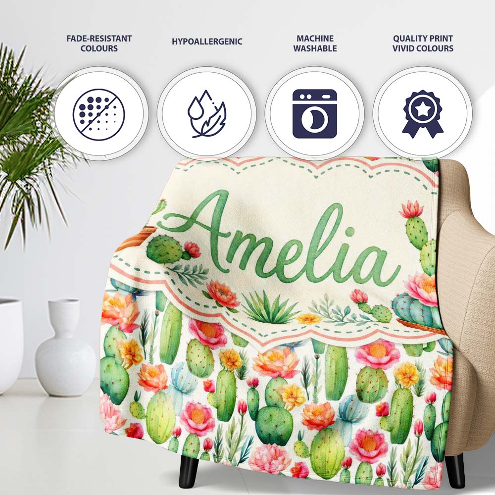 Bright Colorful Potted Cactus Succulent Collection Seamless Pattern Personalised Custom Name Super Soft Fleece Blanket Bed Sofa Throw