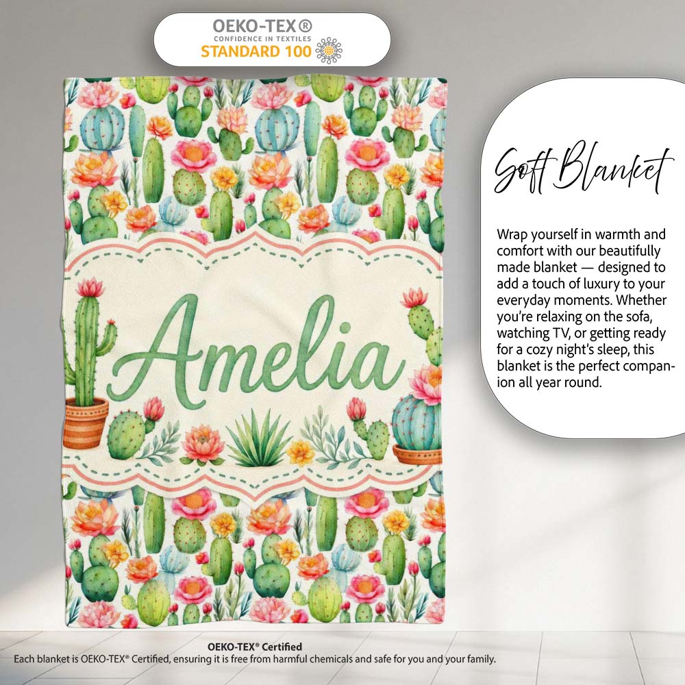 Bright Colorful Potted Cactus Succulent Collection Seamless Pattern Personalised Custom Name Super Soft Fleece Blanket Bed Sofa Throw