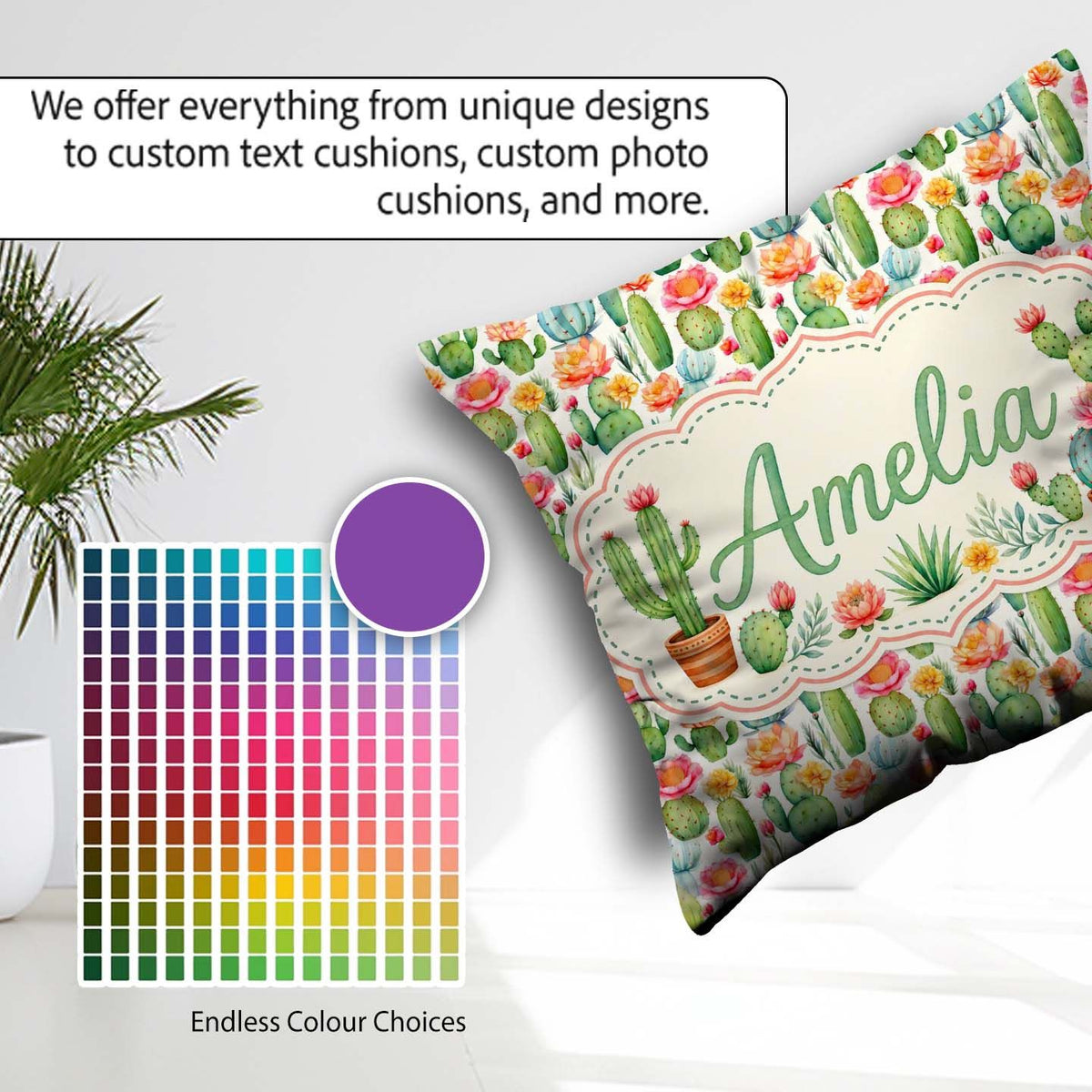 Custom Name Bright Colorful Potted Succulent Collection Seamless Square Filled Cushion Throw Pillow Sofa Bed Home Decor Zip Washable UK Made