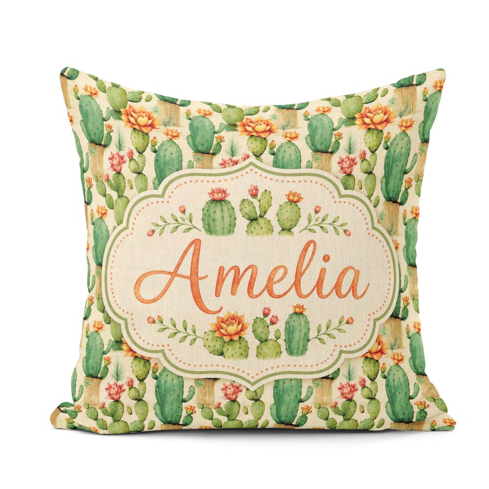 Custom Name Elegant Blooming Cactus Botanical Seamless Pattern Square Filled Cushion Throw Pillow Sofa Bed Home Decor Zip Washable UK Made