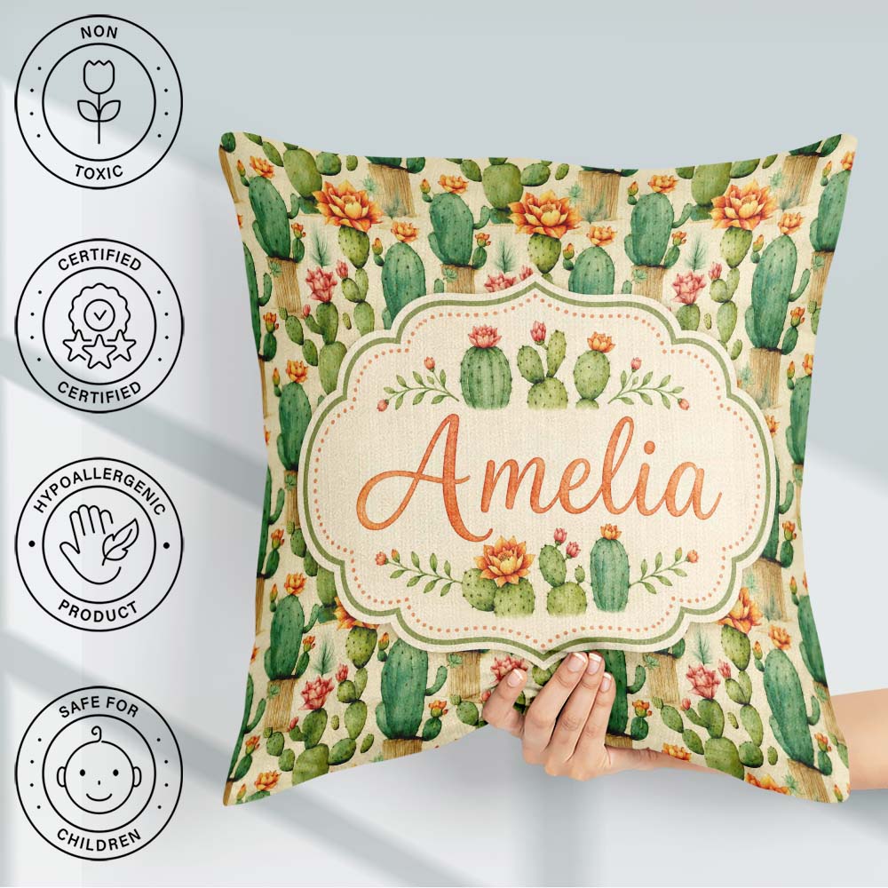 Custom Name Elegant Blooming Cactus Botanical Seamless Pattern Square Filled Cushion Throw Pillow Sofa Bed Home Decor Zip Washable UK Made