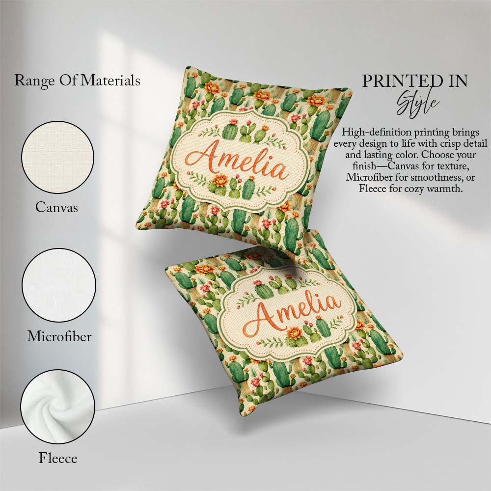 Custom Name Elegant Blooming Cactus Botanical Seamless Pattern Square Filled Cushion Throw Pillow Sofa Bed Home Decor Zip Washable UK Made