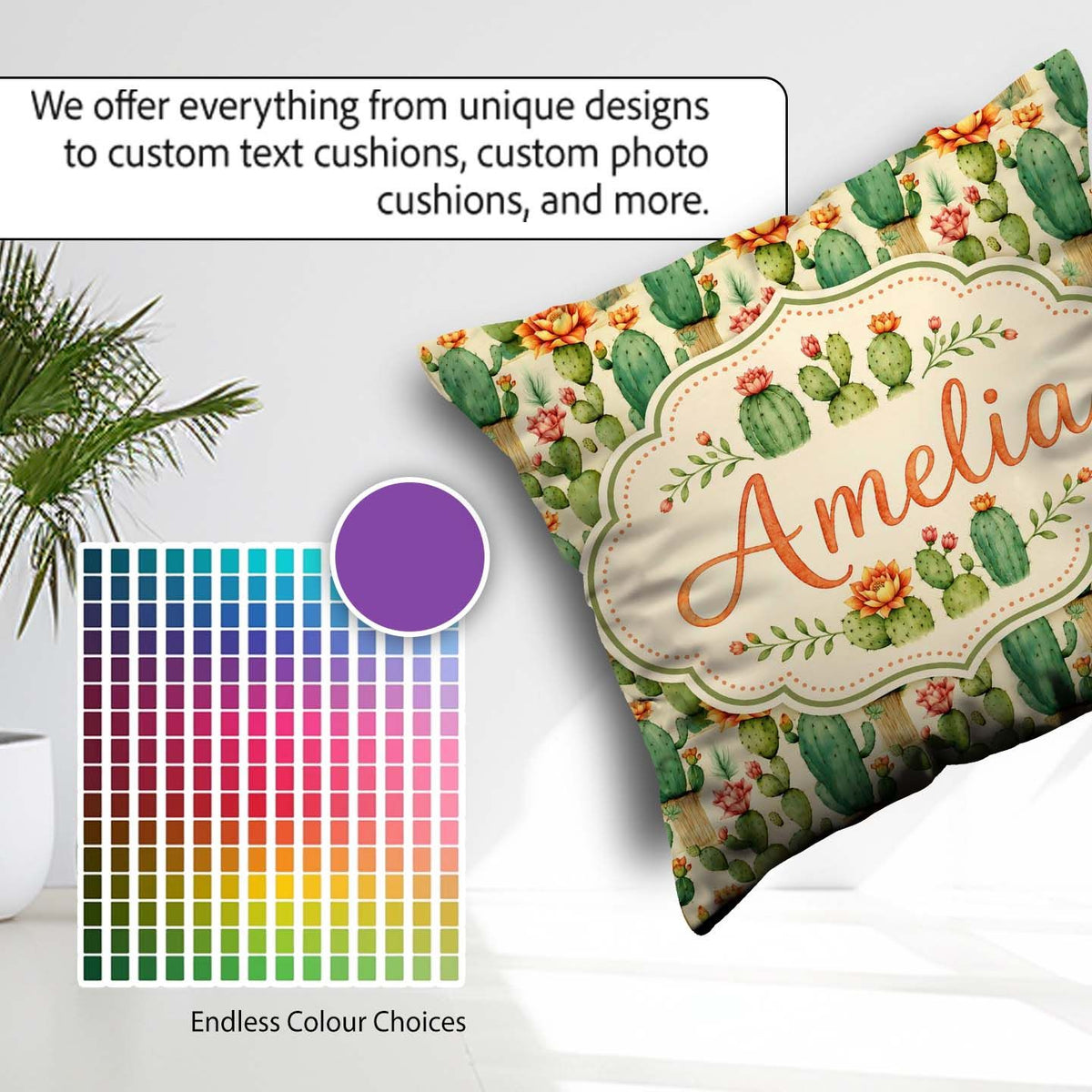 Custom Name Elegant Blooming Cactus Botanical Seamless Pattern Square Filled Cushion Throw Pillow Sofa Bed Home Decor Zip Washable UK Made