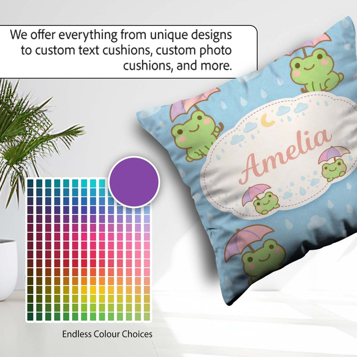 Custom Name Frog Umbrella Rain Cartoon Animal Pattern Everyday Square Filled Cushion Throw Pillow Sofa Bed Home Decor Zip Washable UK Made