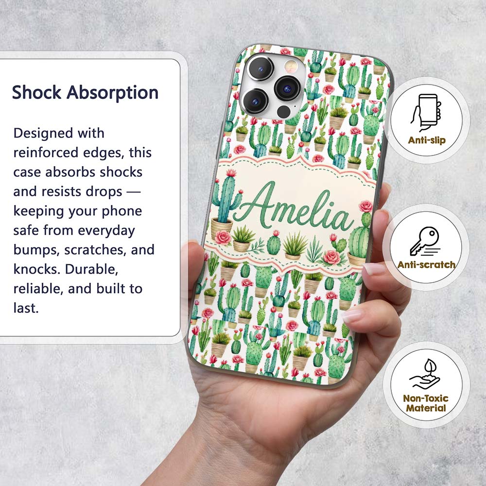 Fresh Green Cactus with Pink Flowers Watercolor Custom Name Protective Phone Case Mobile Cover Durable Everyday Smartphone Shock Resistant
