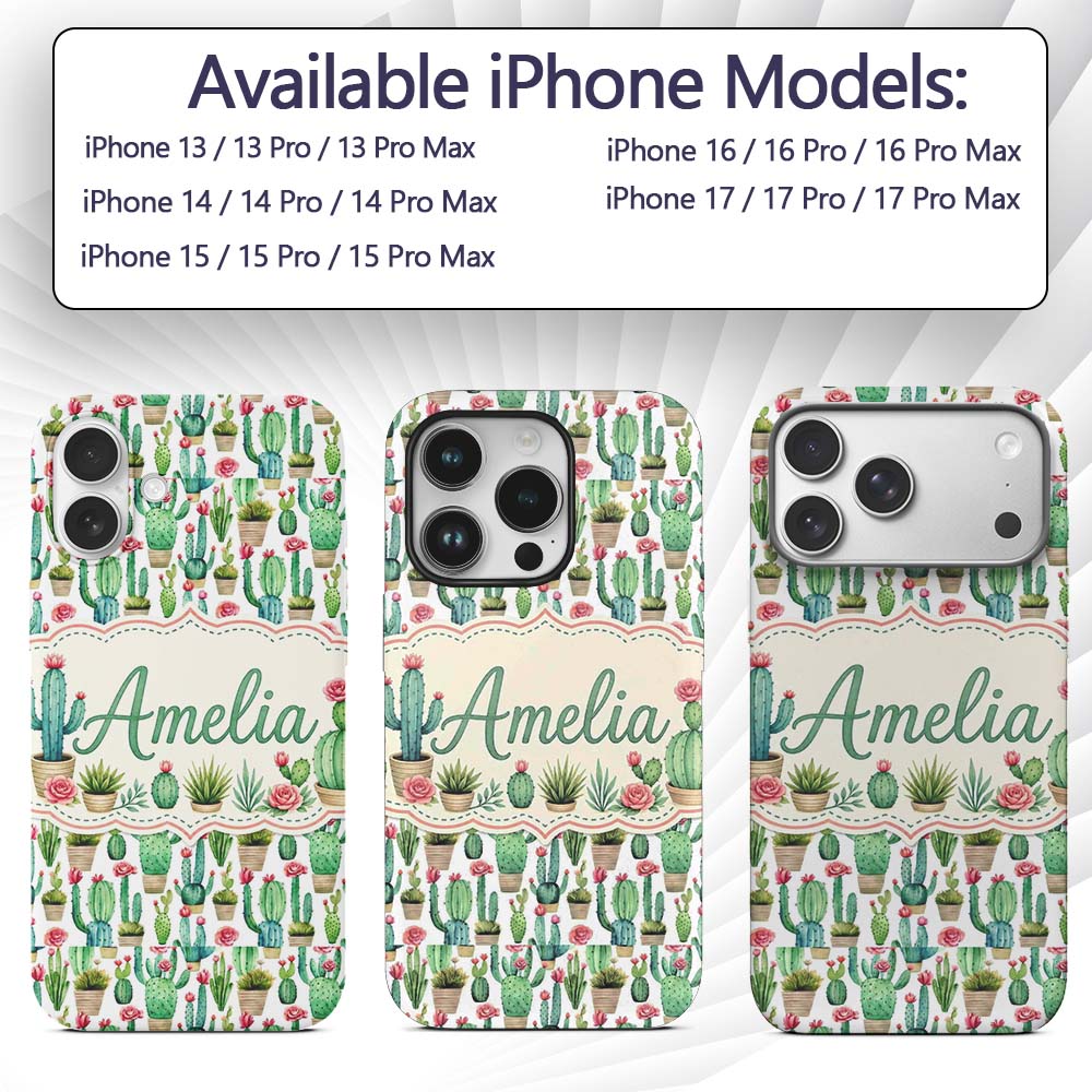 Fresh Green Cactus with Pink Flowers Watercolor Custom Name Protective Phone Case Mobile Cover Durable Everyday Smartphone Shock Resistant