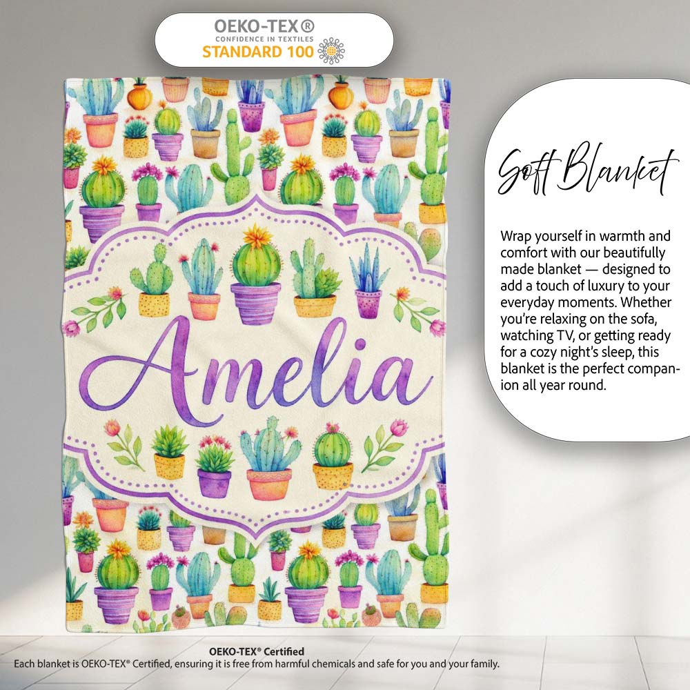 Colorful Pastel Cactus Succulent Garden Bright Seamless Pattern Personalised Custom Name Super Soft Fleece Blanket Bed Sofa Throw