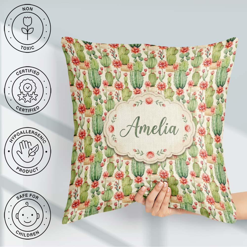 Custom Name Blooming Desert Cactus with Flowers Seamless Pattern Square Filled Cushion Throw Pillow Sofa Bed Home Decor Zip Washable UK Made