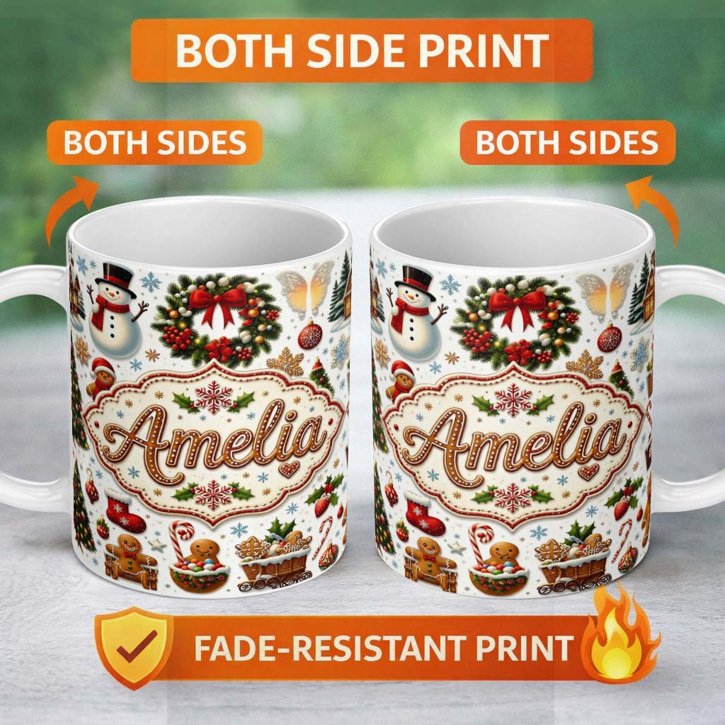 Personalized Custom Name Vintage Christmas Snowman Wreath Gingerbread Tree Seamless Pattern 11oz Ceramic Coffee Tea Mug White Large Handle