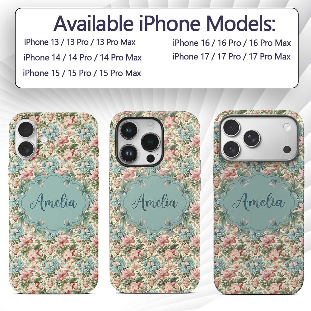 Elegant Vintage Floral Bouquet Garden Seamless Custom Name Protective Phone Case Mobile Cover Durable Everyday Smartphone Shock Resistant