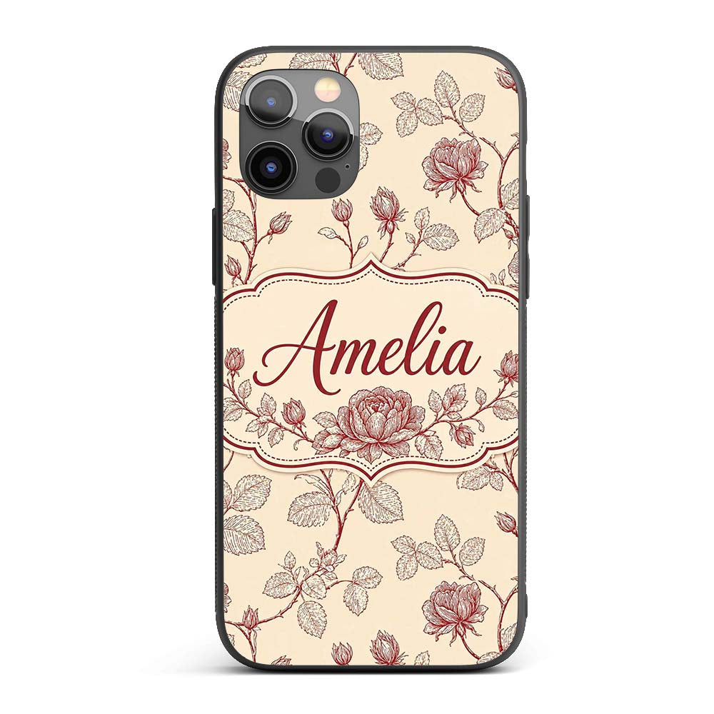 Classic Red Line Art Rose Botanical Seamless Custom Name Protective Phone Case Mobile Cover Durable Everyday Smartphone Shock Resistant