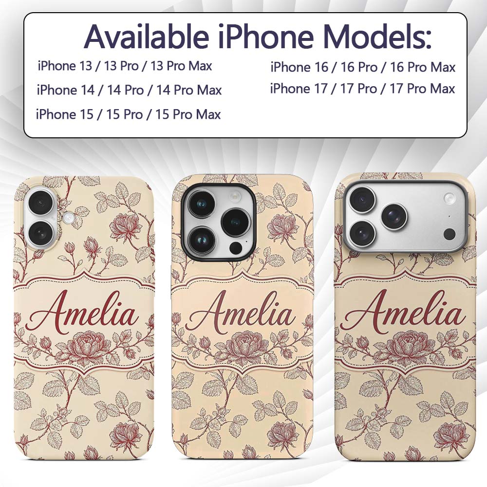 Classic Red Line Art Rose Botanical Seamless Custom Name Protective Phone Case Mobile Cover Durable Everyday Smartphone Shock Resistant