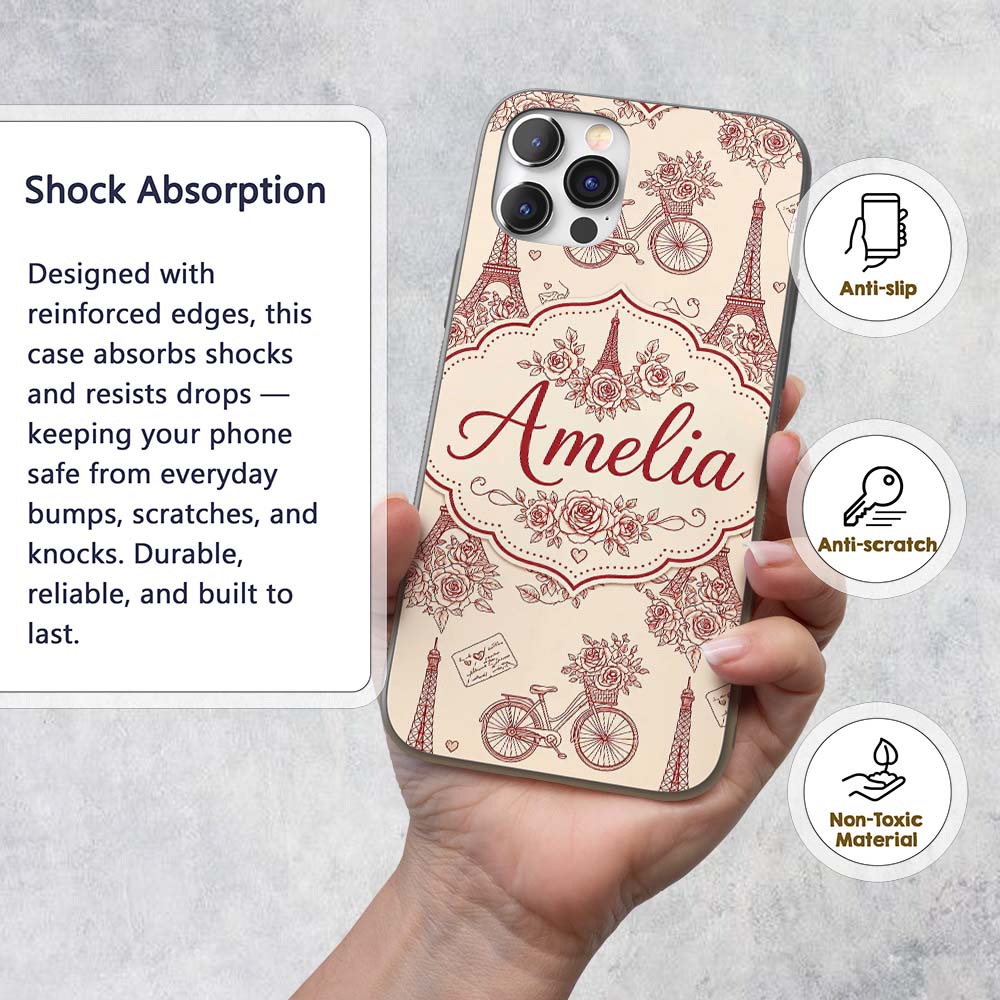 Paris Eiffel Tower Bicycle Floral Printed Design Custom Name Protective Phone Case Mobile Cover Durable Everyday Smartphone Shock Resistant