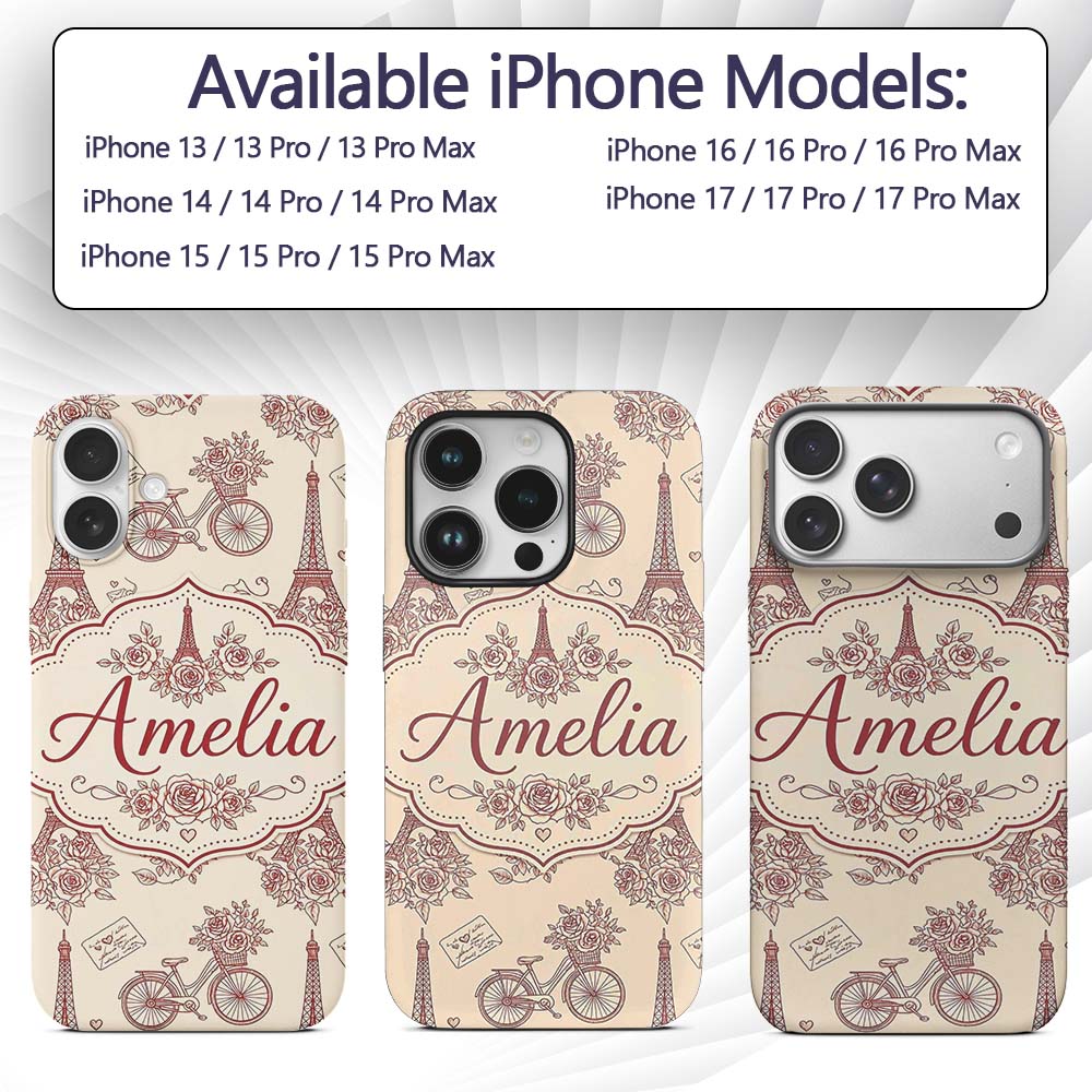Paris Eiffel Tower Bicycle Floral Printed Design Custom Name Protective Phone Case Mobile Cover Durable Everyday Smartphone Shock Resistant