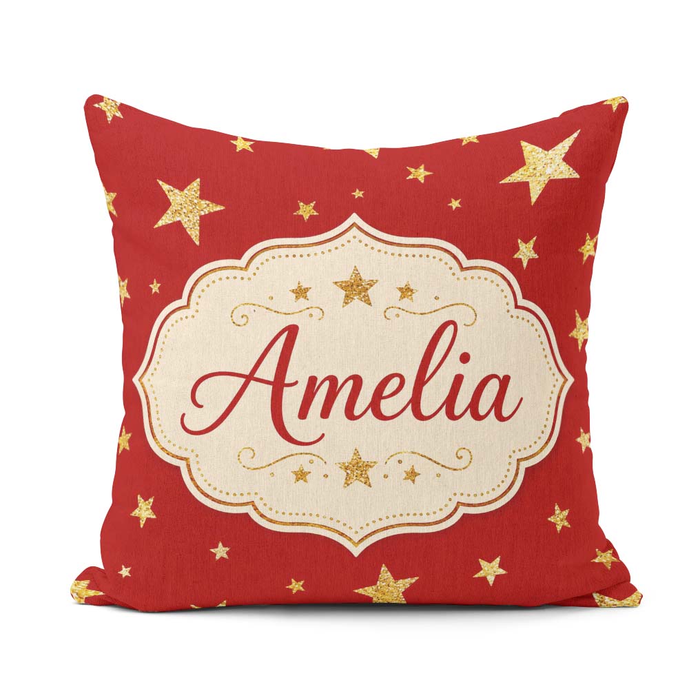 Custom Name Gold Glitter Stars on Red Background Seamless Design Square Filled Cushion Throw Pillow Sofa Bed Home Decor Zip Washable UK Made