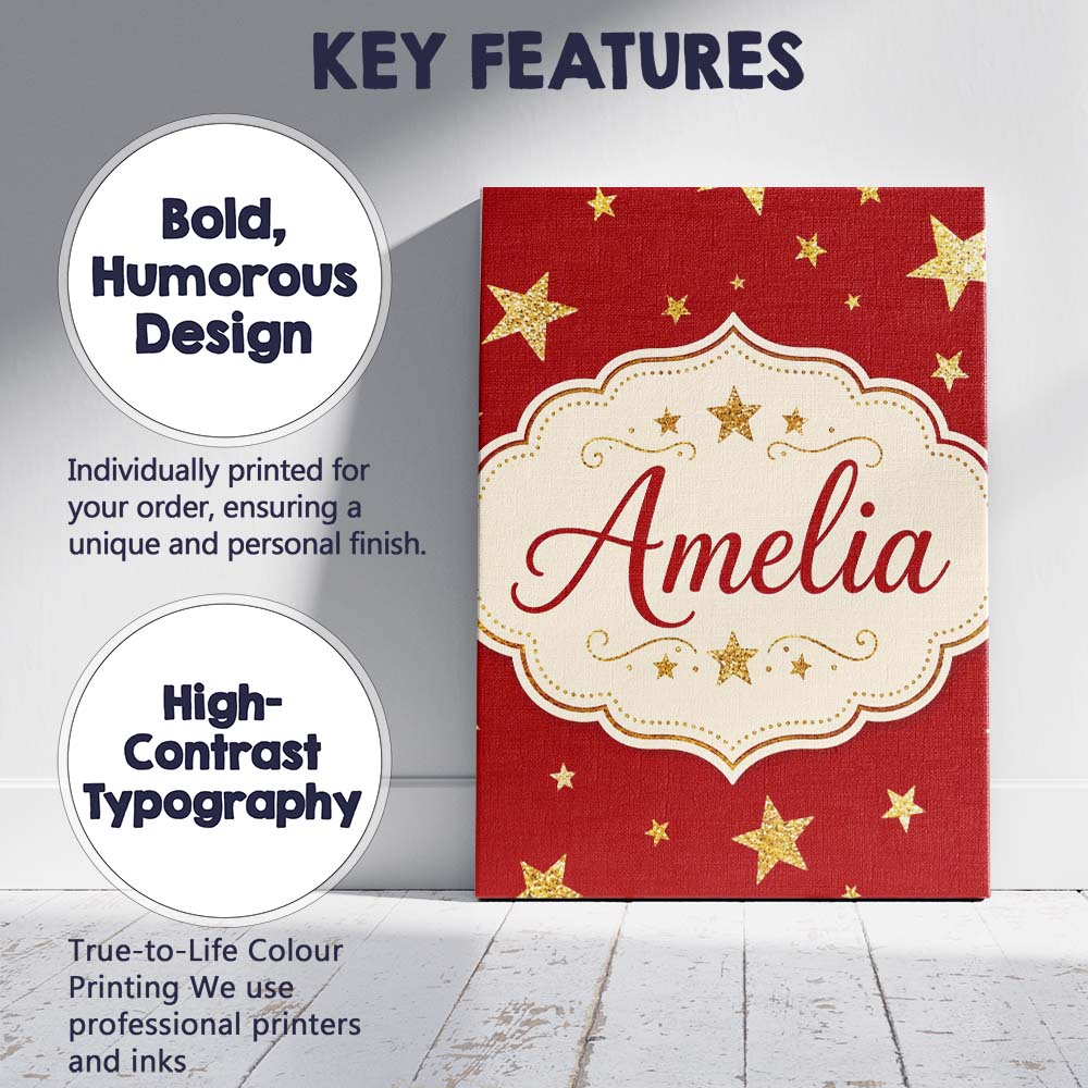Personalised Name Gold Glitter Stars on Red Custom Bespoke Interior Contemporary Canvas Wall Art Print Decor Picture Ready to Hang