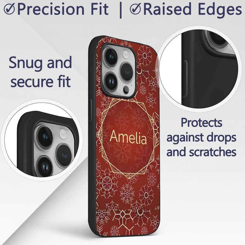 Christmas Snowflake Red Background Printed Design Custom Name Protective Phone Case Mobile Cover Durable Everyday Smartphone Shock Resistant
