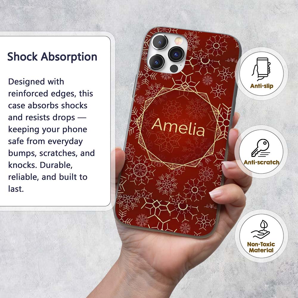 Christmas Snowflake Red Background Printed Design Custom Name Protective Phone Case Mobile Cover Durable Everyday Smartphone Shock Resistant