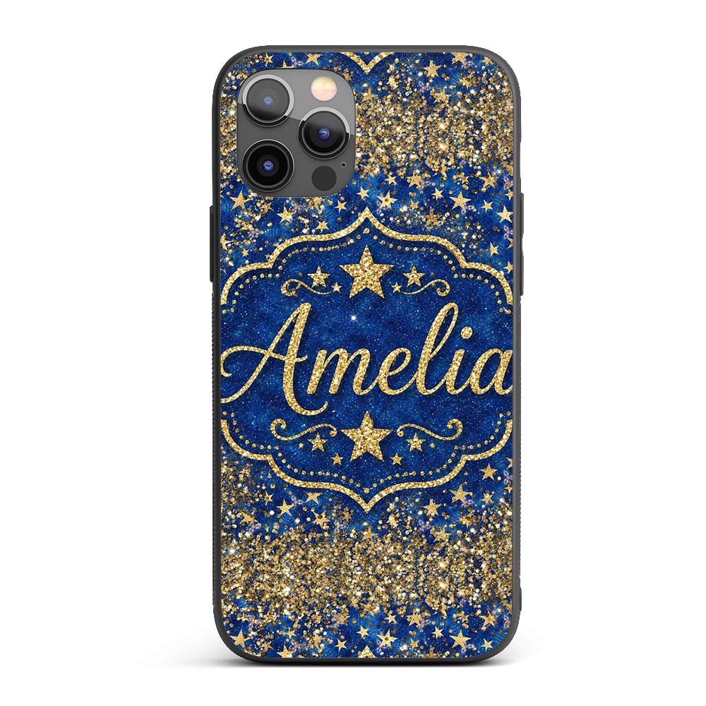 Blue Galaxy Gold Star Glitter Seamless Pattern Custom Name Protective Phone Case Mobile Cover Durable Everyday Smartphone Shock Resistant