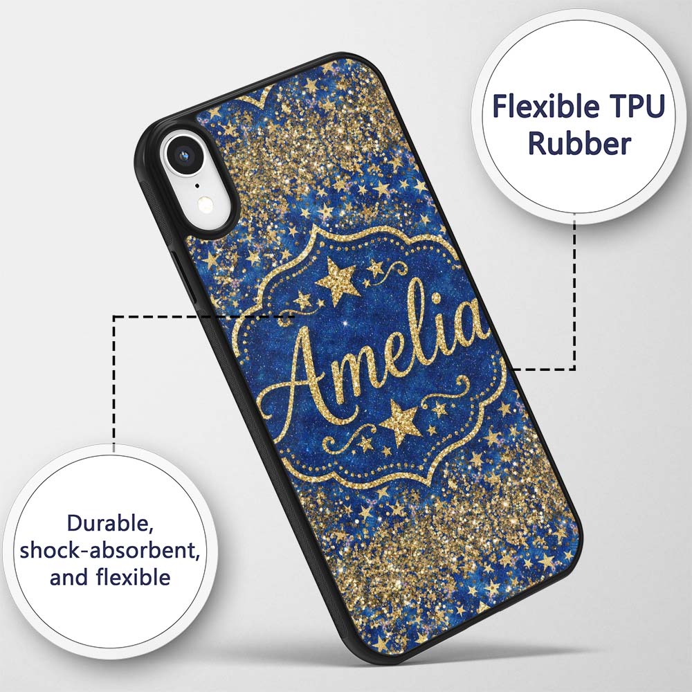 Blue Galaxy Gold Star Glitter Seamless Pattern Custom Name Protective Phone Case Mobile Cover Durable Everyday Smartphone Shock Resistant