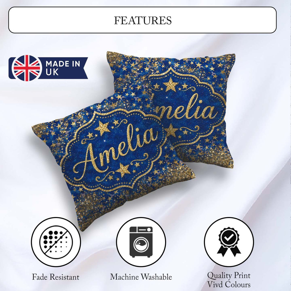 Custom Name Blue Galaxy Gold Star Glitter Pattern Design Sparkle Square Filled Cushion Throw Pillow Sofa Bed Home Decor Zip Washable UK Made