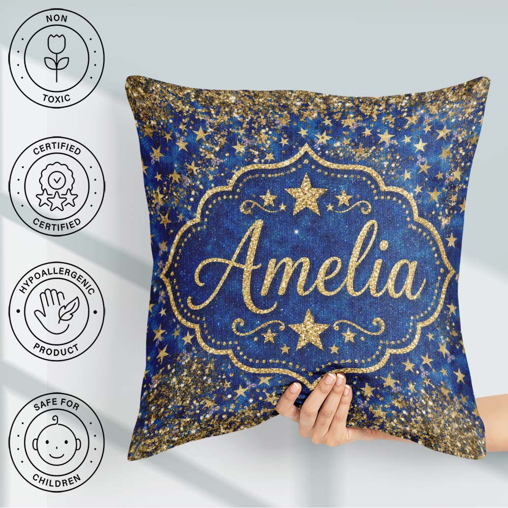 Custom Name Blue Galaxy Gold Star Glitter Pattern Design Sparkle Square Filled Cushion Throw Pillow Sofa Bed Home Decor Zip Washable UK Made