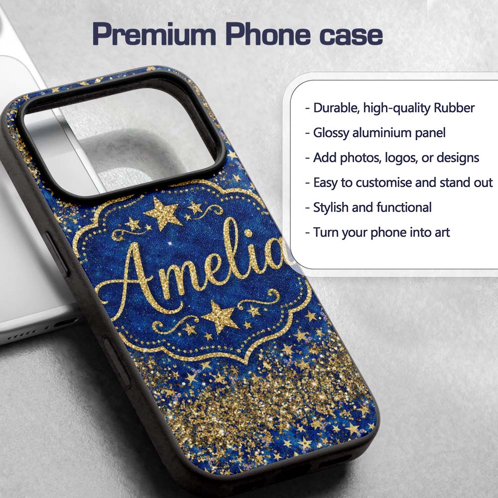 Blue Galaxy Gold Star Glitter Seamless Pattern Custom Name Protective Phone Case Mobile Cover Durable Everyday Smartphone Shock Resistant