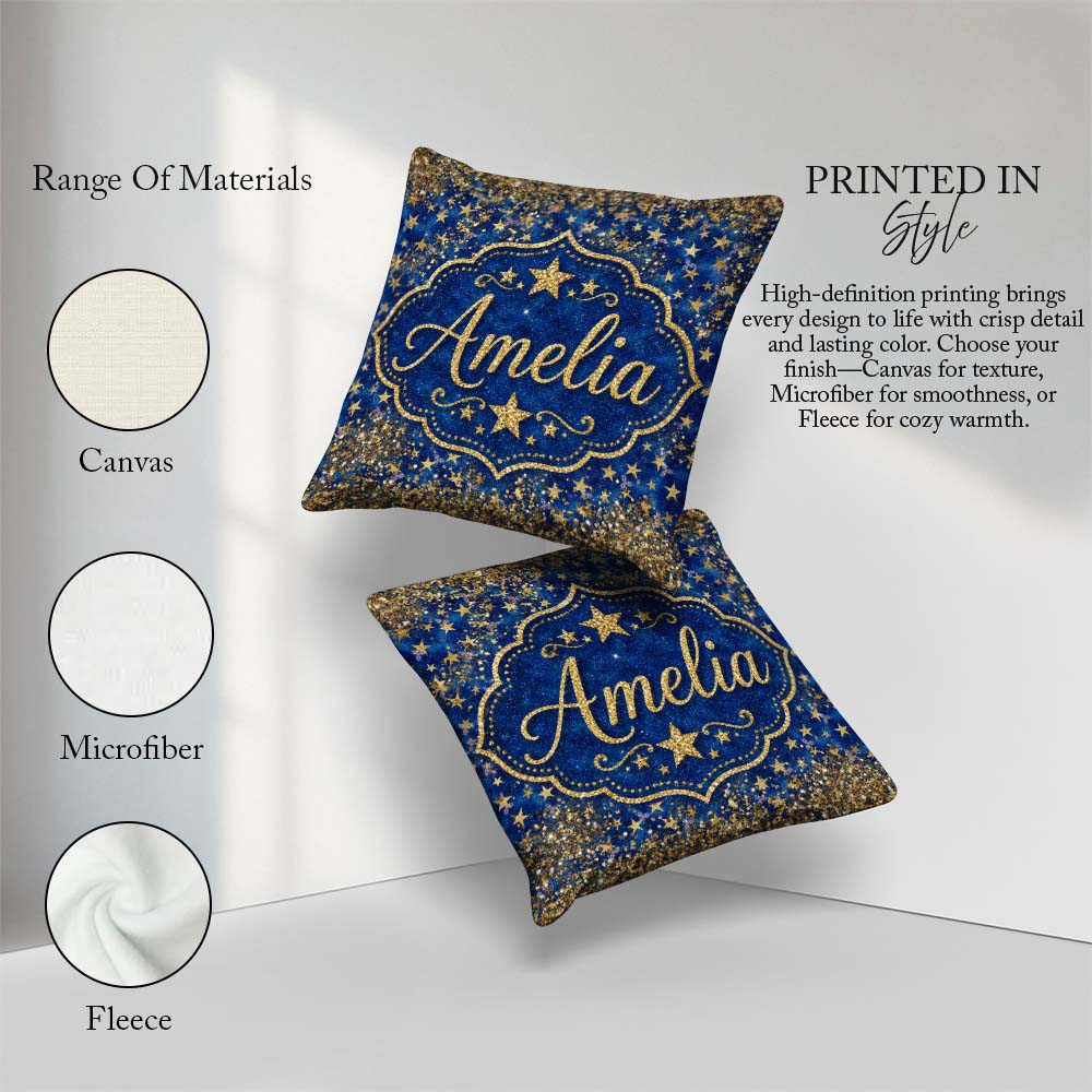 Custom Name Blue Galaxy Gold Star Glitter Pattern Design Sparkle Square Filled Cushion Throw Pillow Sofa Bed Home Decor Zip Washable UK Made