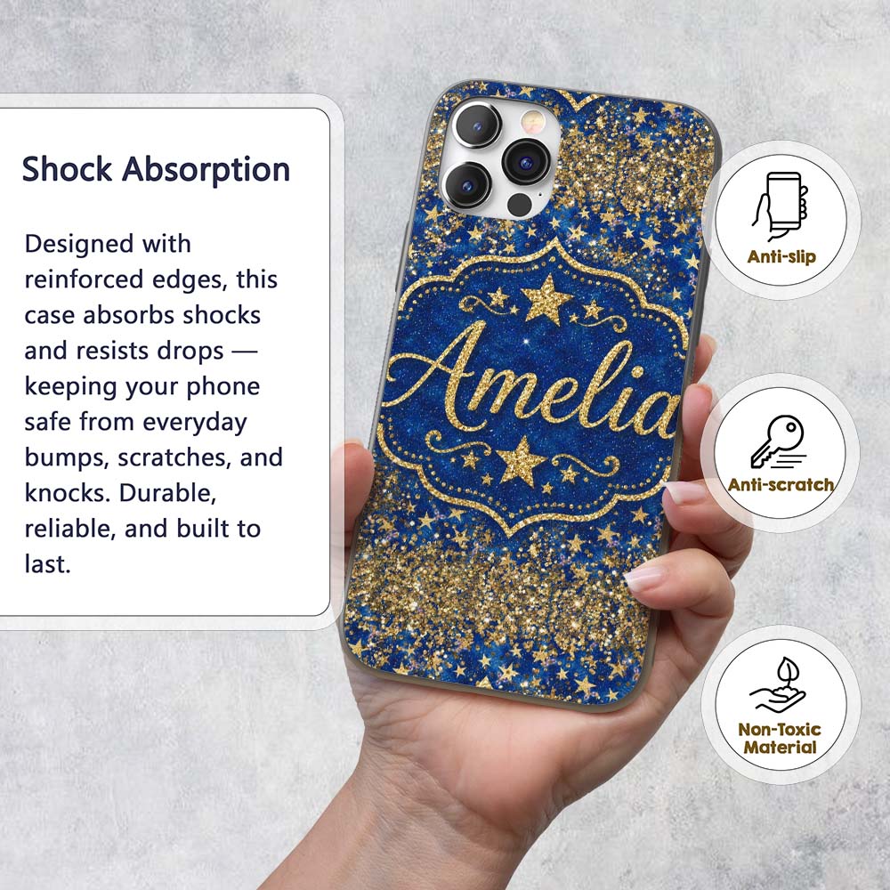 Blue Galaxy Gold Star Glitter Seamless Pattern Custom Name Protective Phone Case Mobile Cover Durable Everyday Smartphone Shock Resistant