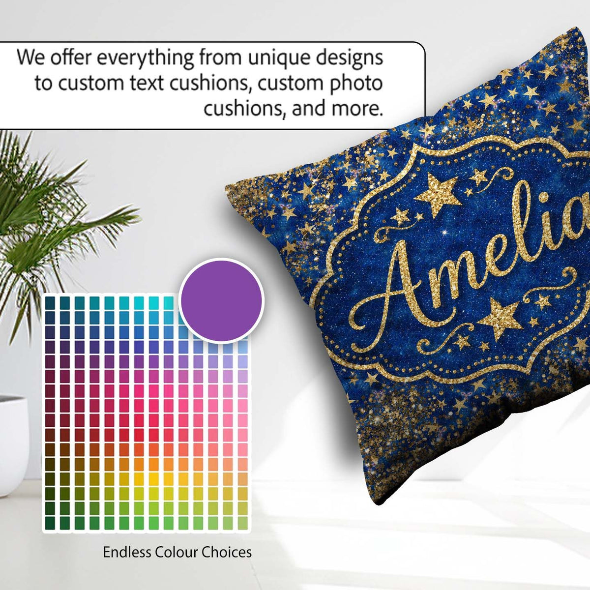 Custom Name Blue Galaxy Gold Star Glitter Pattern Design Sparkle Square Filled Cushion Throw Pillow Sofa Bed Home Decor Zip Washable UK Made