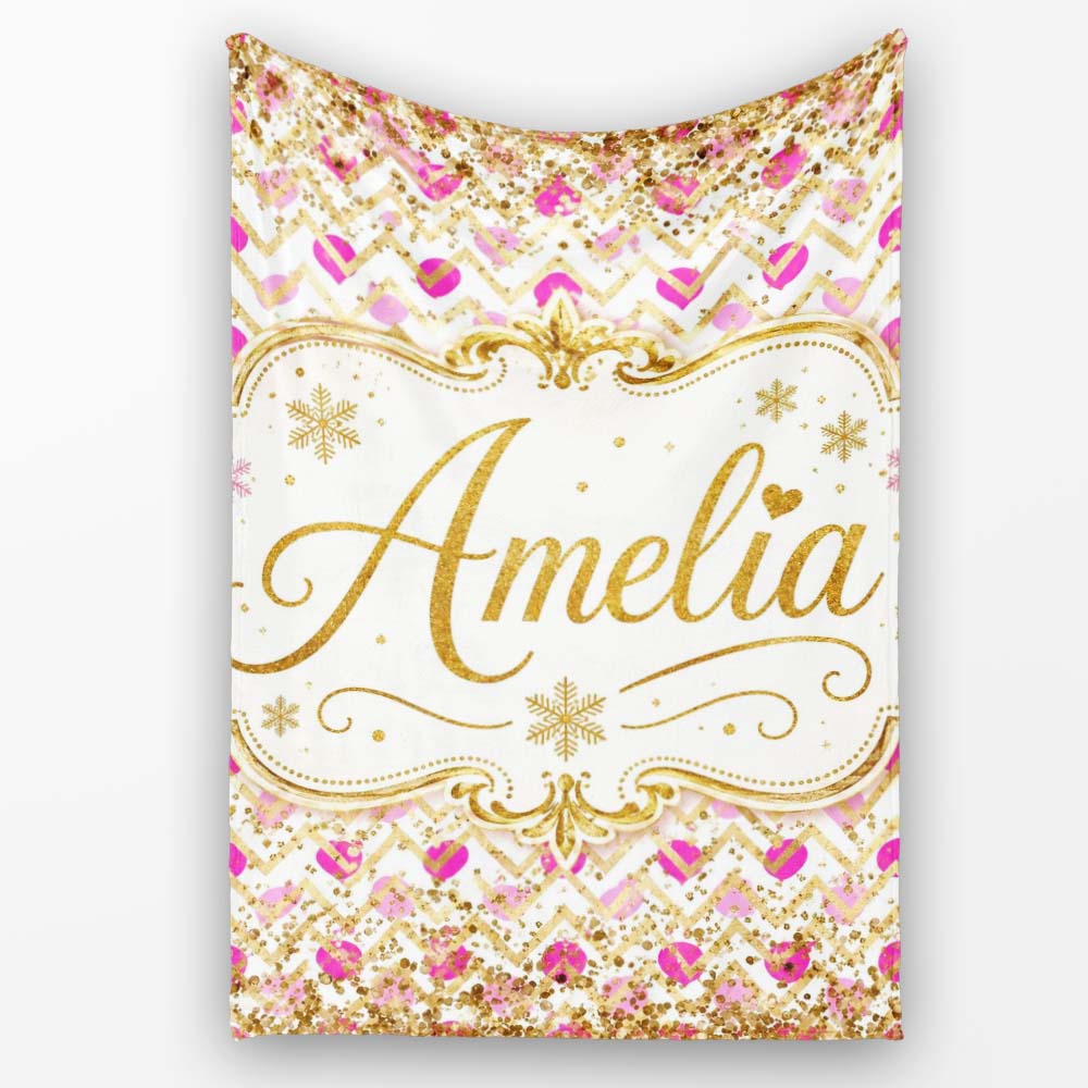 Pink Gold Chevron Glitter Hearts Seamless Pattern Design Stylish Personalised Custom Name Super Soft Fleece Blanket Bed Sofa Throw