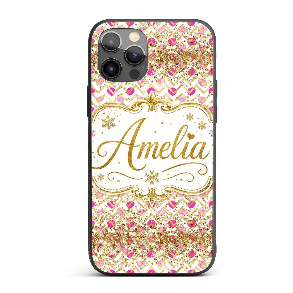 Pink Gold Chevron Glitter Hearts Seamless Pattern Custom Name Protective Phone Case Mobile Cover Durable Everyday Smartphone Shock Resistant