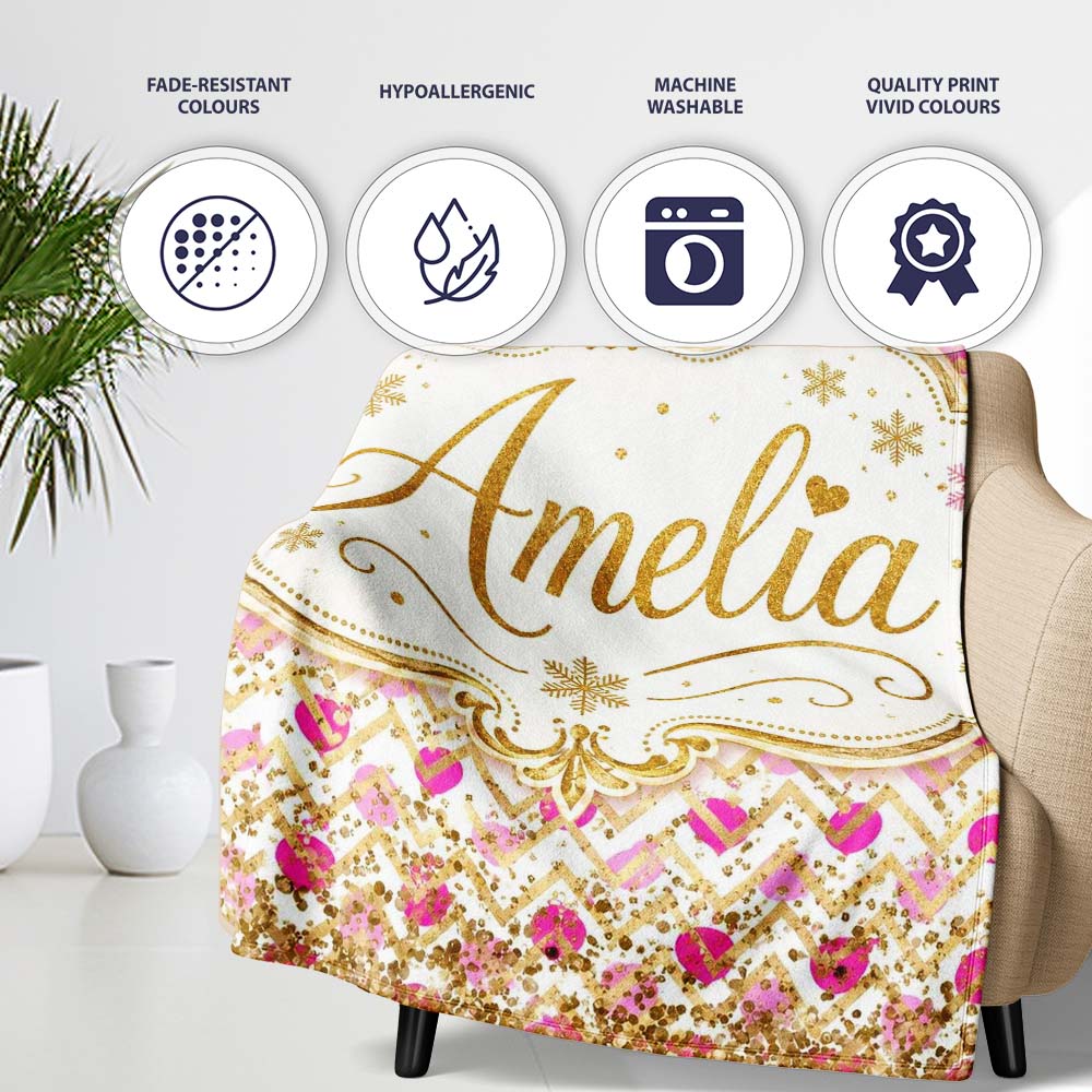 Pink Gold Chevron Glitter Hearts Seamless Pattern Design Stylish Personalised Custom Name Super Soft Fleece Blanket Bed Sofa Throw