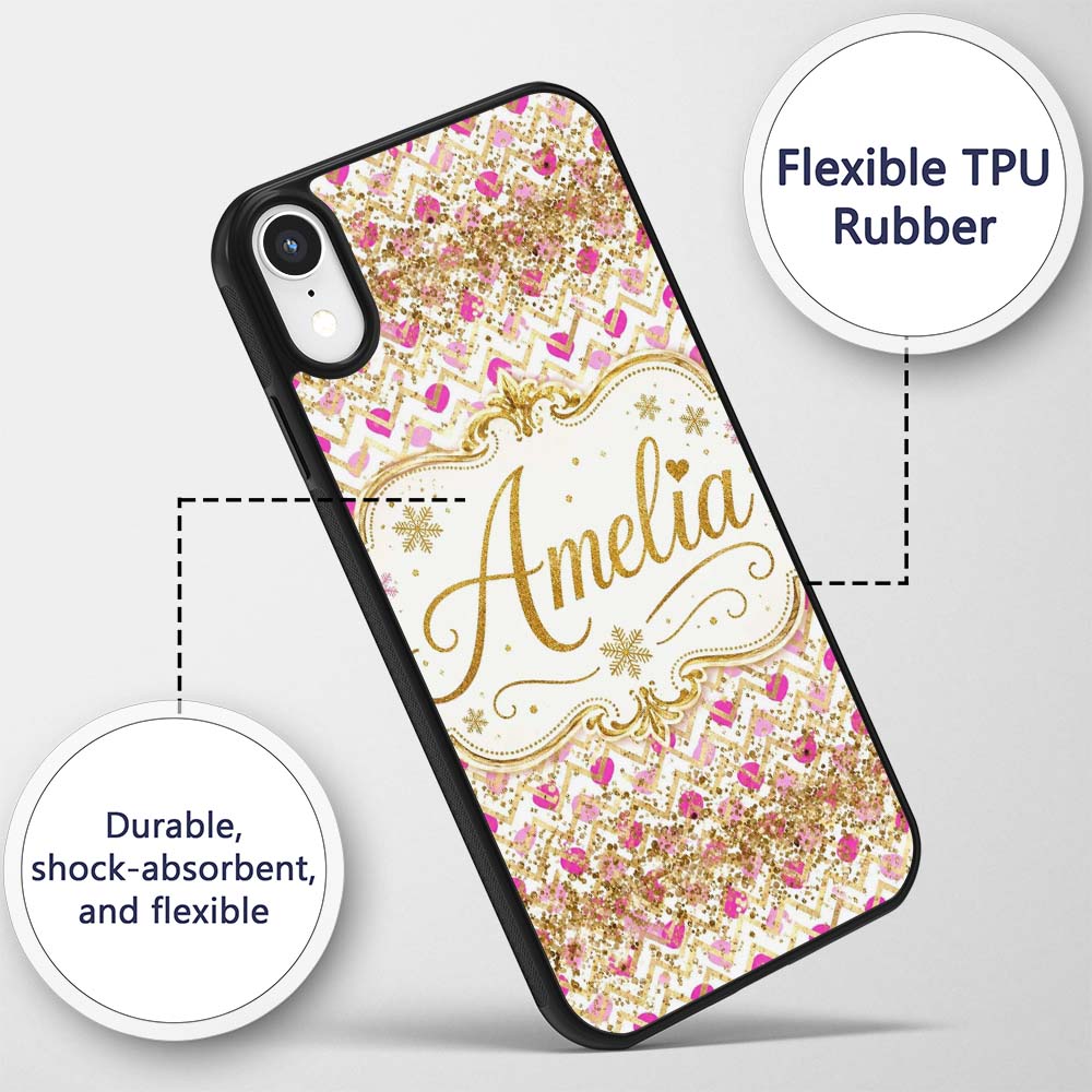 Pink Gold Chevron Glitter Hearts Seamless Pattern Custom Name Protective Phone Case Mobile Cover Durable Everyday Smartphone Shock Resistant
