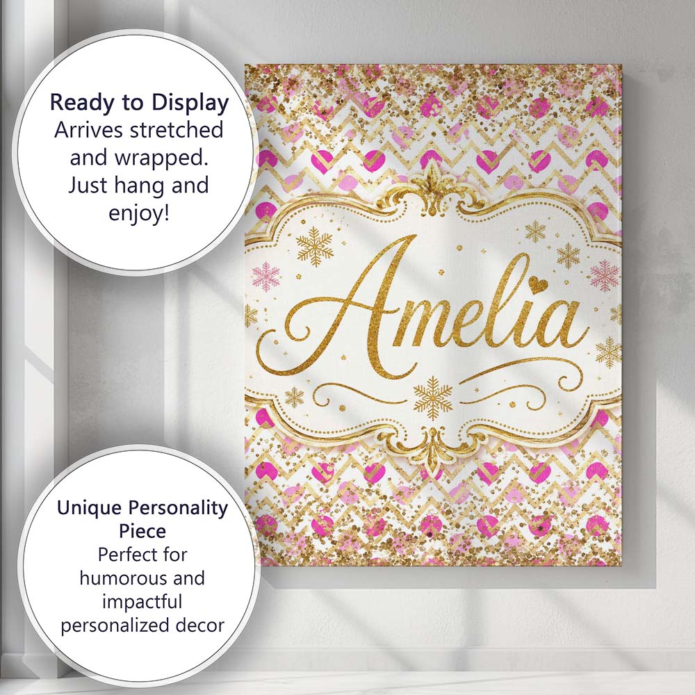 Personalised Name Pink Gold Chevron Glitter Custom Bespoke Interior Contemporary Canvas Wall Art Print Decor Picture Ready to Hang